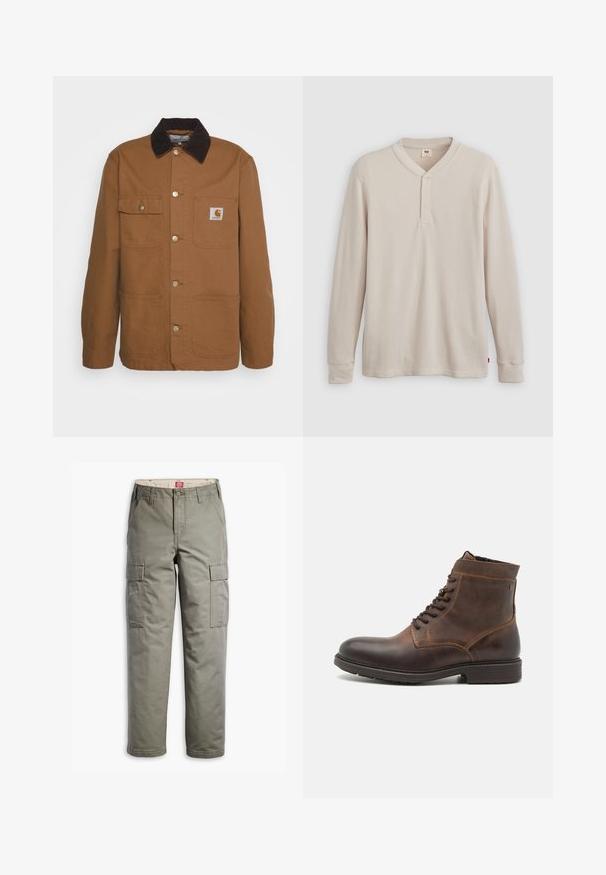 Braune Arbeitsjacke aus robustem Stoff mit einem Cordkragen, ausgestattet mit vier Taschen und Metallknöpfen auf der Vorderseite.; Langärmliges Henley-Shirt aus leicht beigem Rippstoff mit V-Ausschnitt, Knopfleiste mit drei Knöpfen und angeschnittenen Ärmeln. Roter Logo-Tag am Saum.; Cargo-Hosen in Olivgrün, aus strapazierfähigem Baumwollmix, mit seitlichen Taschen, einem geraden Bein-Design und Knopfverschluss.; Jack & Jones JFWDELANEY BOOT - Schnürstiefelette - cognac