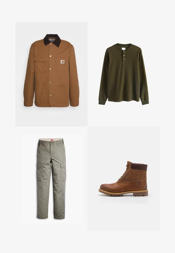 Brun arbejdjakke lavet af slidstærkt stof med en kordfløjlskrave, der har fire lommer og metalknapper foran.; Langærmet olivengrøn waffle knit henley skjorte med ribbede manchetter og tre knapper ved kraven.; Cargo bukser i olivengrøn, lavet af slidstærkt bomuldsblanding, med sidelommer, lige ben design og knaplukning.; Brun læder vandrestøvle med en glat finish, polstret ankel, metalliske snørehuller og en gummisål med et robust dækmønster.