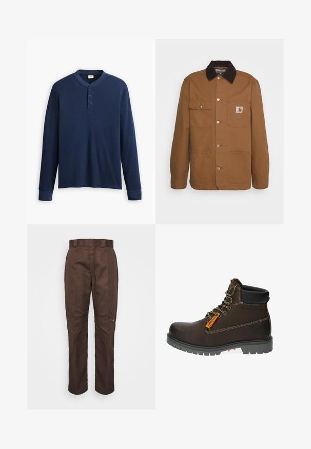 Braune Arbeitsjacke aus robustem Stoff mit einem Cordkragen, ausgestattet mit vier Taschen und Metallknöpfen auf der Vorderseite.; Langärmliges navyblaues Henley-Shirt aus geripptem Stoff. Mit rundem Ausschnitt und einer Knopfleiste mit drei Knöpfen. Die Bündchen sind schmal geschnitten.; Braune, gerade geschnittene Hose mit glatter Textur. Verfügt über einen Gürtelschlaufen, Seitennähte und ein kleines Markenlogo am linken Bein.; Braune Leder-Stiefelette mit grauem Gummisohle, orangefarbenem Akzent-Label und metallischen Ösen. Verfügt über Kontrastnähte und gepolsterte Schuhkragen.