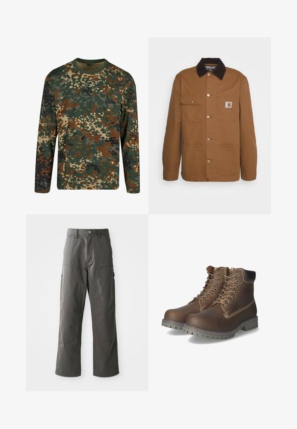 Braune Arbeitsjacke aus robustem Stoff mit einem Cordkragen, ausgestattet mit vier Taschen und Metallknöpfen auf der Vorderseite.; Langärmliges Camouflage-T-Shirt in Grün, Braun und Beige mit einem runden Ausschnitt. Es verfügt über ein gemischtes Muster aus unregelmäßigen Flecken und Texturen.; Graue Cargo-Hosen mit geradem Bein design, ausgestattet mit zwei Fronttaschen und zusätzlichen Seitentaschen für Stauraum. Hergestellt aus strapazierfähigem Stoff.; Braune Leder-Ankle-Boots mit Schnürung, gepolstertem Kragen, kontrastierenden Nähten und rutschfester Gummisohle mit Trittmuster.