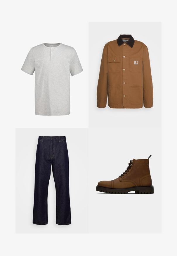 Chaqueta de trabajo marrón hecha de un tejido duradero con un cuello de pana, que cuenta con cuatro bolsillos y botones de metal en el frente.; Camiseta henley de manga corta de color gris claro con cuello redondo y tres botones blancos en la tapeta frontal.; Jeans de mezclilla de pierna recta en azul oscuro con bolsillos frontales, trabillas para el cinturón, cierre de cremallera y botón, mostrados sobre un fondo blanco liso.; Botín de cuero marrón con cordones, pernas cortas y suela negra gruesa con relieve, con una pestaña de agarre, sobre un fondo blanco.