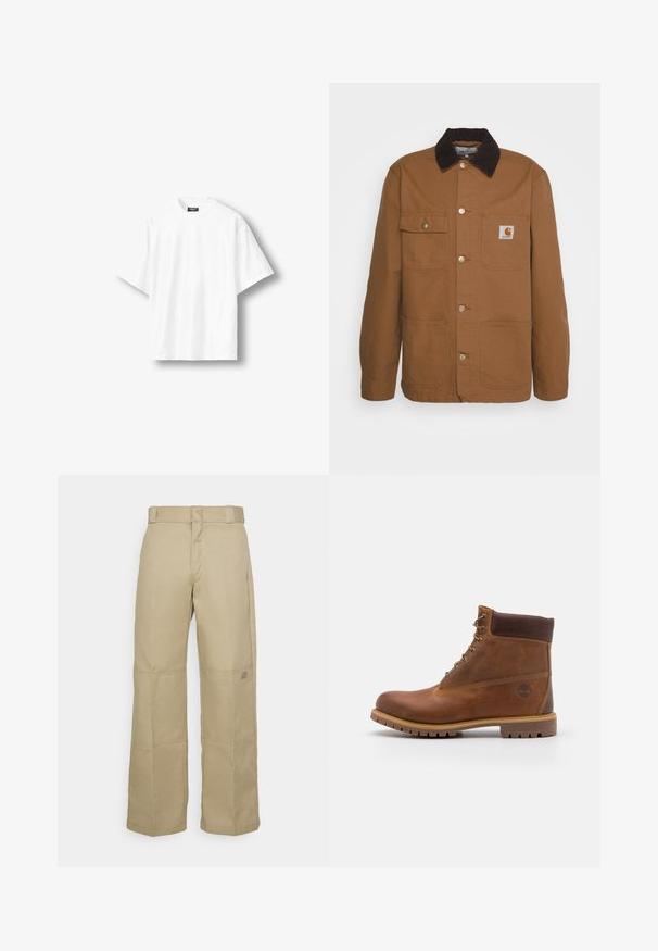 Bruine werkjas gemaakt van duurzaam materiaal met een corduroy kraag, voorzien van vier zakken en metalen knopen aan de voorkant.; Effen wit oversized T-shirt met korte mouwen en een ronde hals, met een zwart label aan de binnenkant van de achterkant van de kraag, getoond op een lichte achtergrond.; Beige wijde broek gemaakt van stevig materiaal, met een hoge taille, zichtbare stiksel en een klein logopatch aan de zijkant.; Bruine leren wandelschoen met een gladde afwerking, gevoerde enkel, metalen oogjes en een rubberen zool met een robuust profiel.