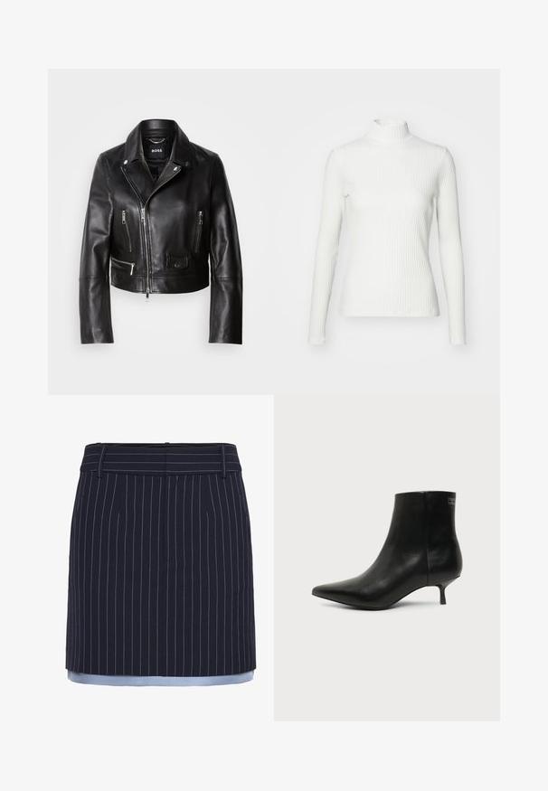 Chaqueta de cuero negro estilo motero con cuello, frente con cremallera y múltiples bolsillos. Diseño moderno y elegante, apto para uso informal.; Top de cuello alto blanco con canalé y mangas largas, fabricado en una tela elástica. Presenta un diseño ajustado y un escote alto para mayor cobertura.; Falda de rayas navy con corte recto, con acentos en azul claro en el dobladillo, fabricada en un tejido texturizado y con una cinturilla ancha.; Botín de piel negra con puntera puntiaguda y tacón bajo estilo kitten sobre fondo claro, mostrando vista lateral exterior.