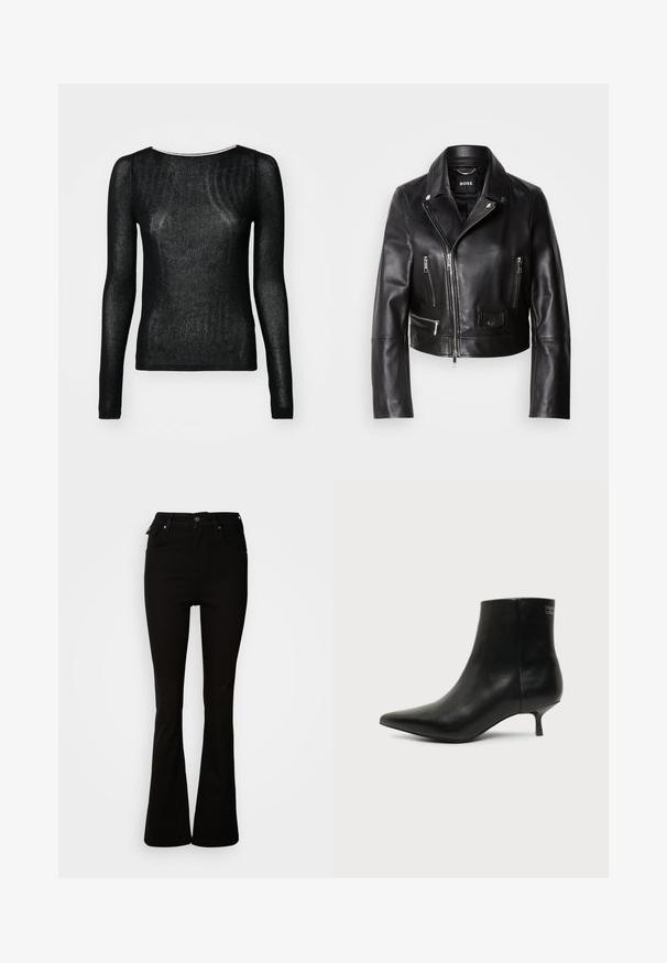 Veste de biker en cuir noir avec un col, fermeture éclair à l'avant et plusieurs poches. Design élégant et moderne adapté à un usage quotidien.; Top noir à manches longues en tissu transparent à nervures. Présente un col rond et une coupe ajustée, avec une texture lisse et un minimum de détails.; Jean noir évasé en denim, avec une taille haute, des poches avant, et un design classique à cinq poches avec des accents en métal.; Bottine en cuir noir avec bout pointu et petit talon kitten sur fond clair, vue côté extérieur.