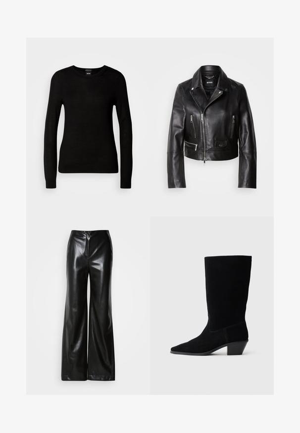 Schwarze Lederbikerjacke mit Kragen, Reißverschluss vorne und mehreren Taschen. Stylisches, modernes Design, das sich für die Freizeit eignet.; Schwarzer Pullover aus feinem Strickmaterial, mit rundem Halsausschnitt und langen Ärmeln mit enganliegenden Bündchen. Keine sichtbaren Muster oder Verzierungen.; Schwarze Lederweite-Hosen mit glatter Textur, hohem Bund und verdecktem Reißverschluss an der Vorderseite. Maßgeschneiderte Passform mit sauberem Finish.; Schwarze Wildleder Stiefelette mit spitzer Zehe, mittelhohem Schaft und einem chunky Absatz. Verfügt über minimale Nähte und eine glatte Textur.