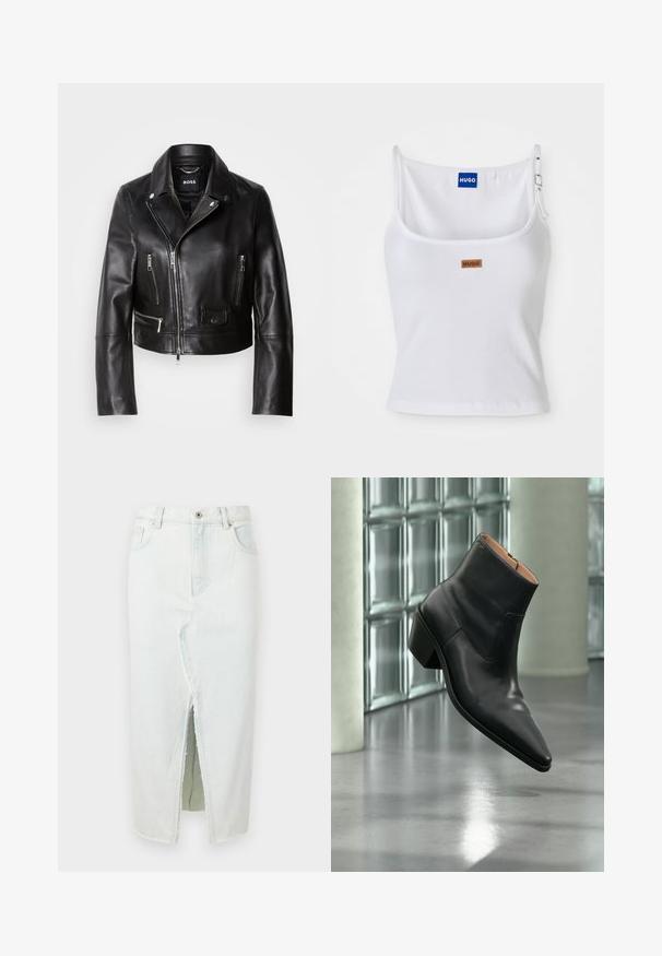 Zwarte leren motorjack met een kraag, ritssluitingen aan de voorkant en meerdere zakken. Stijlvol, modern ontwerp dat geschikt is voor casual draag.; Witte geribde tanktop met verstelbare bandjes, voorzien van een blauw logo label en een klein bruin label, gemaakt van een zachte, rekbare stof.; Lichtblauwe denimrok met een voorkantsplit, raw hem, twee voorzakken en een knoopsluiting. Rechte pasvorm, enkellange stijl.; Zwarte leren enkellaars met een spitse neus en blokhak die zweeft boven een reflecterende grijze vloer nabij een glazen blokmuur.