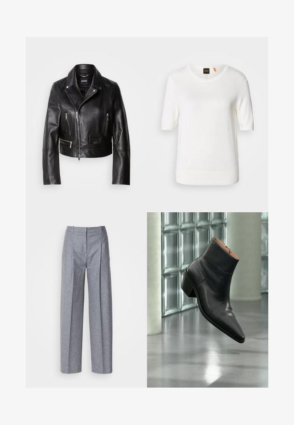 Schwarze Lederbikerjacke mit Kragen, Reißverschluss vorne und mehreren Taschen. Stylisches, modernes Design, das sich für die Freizeit eignet.; Weißes kurzärmeliges Strickoberteil mit Rundhalsausschnitt, geripptem Saum und weicher Textur. Logostreifen mit orangem Akzent am Kragen.; Helle graue weit geschnittene Hosen aus strukturiertem Stoff, mit Falten vorne und einem taillierten Bund. Minimalistisches Design, keine sichtbaren Beschläge.; Schwarzer Leder-Stiefelette mit spitzer Schuhspitze und Blockabsatz, der über einem reflektierenden grauen Boden nahe einer Glassteinwand schwebt.