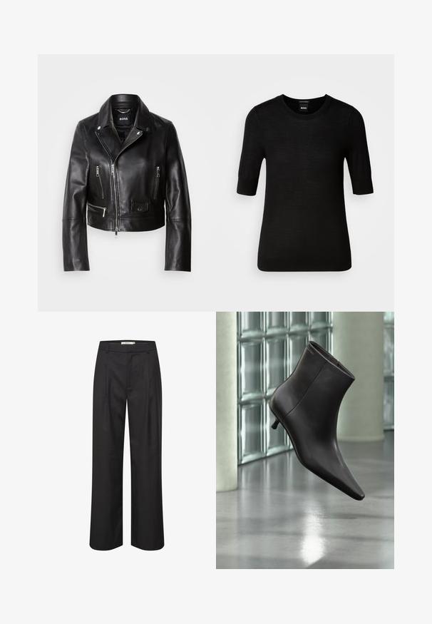 Chaqueta de cuero negro estilo motero con cuello, frente con cremallera y múltiples bolsillos. Diseño moderno y elegante, apto para uso informal.; Suéter negro de manga corta hecho de fina lana merina. Cuello redondo, corte ajustado, textura suave, diseño minimalista, sin patrones o acentos visibles.; Pantalones de pierna ancha negros con una textura suave, delantero con plisados, lazos para cinturón y un diseño ajustado. El material ofrece una apariencia pulida.; Bota de cuero negro para el tobillo con puntera puntiaguda y tacón pequeño, exhibida frente a una pared de bloques de vidrio y un suelo pulido.