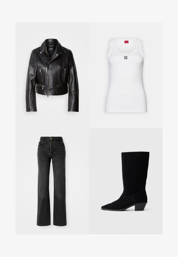 Schwarze Lederbikerjacke mit Kragen, Reißverschluss vorne und mehreren Taschen. Stylisches, modernes Design, das sich für die Freizeit eignet.; Weißes Tanktop aus Baumwolle, mit einem schlichten Design, runder Ausschnitt und schwarzem "HUGO"-Logo in der Mitte. Glatte Textur.; Schwarze Denim-Jeans mit hoher Taille, geradem Bein Design, Messingknopfverschluss und subtiler Ausbleichung. Verfügt über vier Taschen und genähte Details.; Schwarze Wildleder Stiefelette mit spitzer Zehe, mittelhohem Schaft und einem chunky Absatz. Verfügt über minimale Nähte und eine glatte Textur.