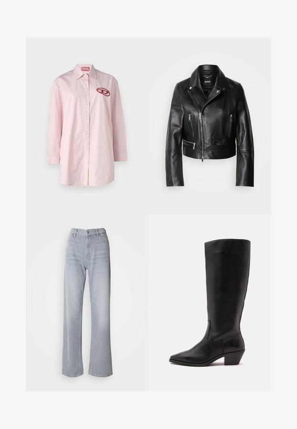 Chaqueta de cuero negro estilo motero con cuello, frente con cremallera y múltiples bolsillos. Diseño moderno y elegante, apto para uso informal.; Camisa de manga larga a rayas rosa y blanca con cuello redondeado, cierre frontal de botones y un logo bordado en rojo en el lado izquierdo del pecho.; Jeans de pernera ancha en gris claro, con cintura alta, hechos de denim. Presentan bolsillos frontales, cremallera y un leve desvanecimiento por toda la prenda.; Bota de cuero negra hasta la mitad de la pantorrilla con puntera puntiaguda y tacón bajo inclinado sobre un fondo claro y liso.