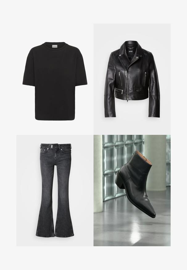 Veste de biker en cuir noir avec un col, fermeture éclair à l'avant et plusieurs poches. Design élégant et moderne adapté à un usage quotidien.; T-shirt noir à manches courtes, coupe ample, avec col rond et étiquette blanche visible à l'intérieur du col portant l'inscription "GESTUZ".; Jean flare noir en denim, avec une taille mi-haute, cinq poches et un ourlet cousu. Logo décoratif sur la ceinture arrière.; Bottine en cuir noir avec un bout pointu et un talon carré lévitant au-dessus d'un sol gris réfléchissant près d'un mur en blocs de verre.