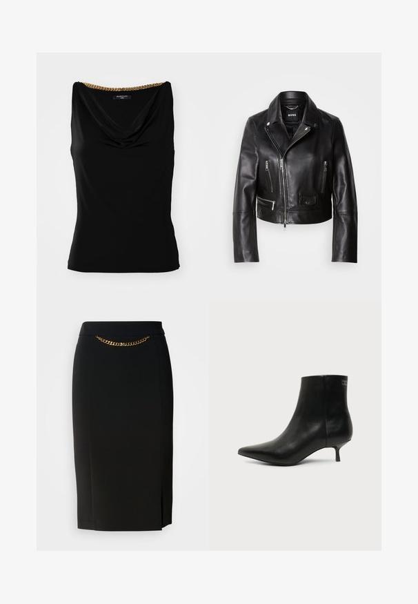 Veste de biker en cuir noir avec un col, fermeture éclair à l'avant et plusieurs poches. Design élégant et moderne adapté à un usage quotidien.; Haut sans manches noir avec un décolleté drapé et un accent en chaîne dorée à l'épaule. Fabriqué en tissu lisse avec une coupe ajustée.; Jupe crayon noire avec une légère fente, dotée d'un détail en chaîne dorée à la taille. Fabriquée dans un tissu lisse et extensible pour plus de confort.; Bottine en cuir noir avec bout pointu et petit talon kitten sur fond clair, vue côté extérieur.