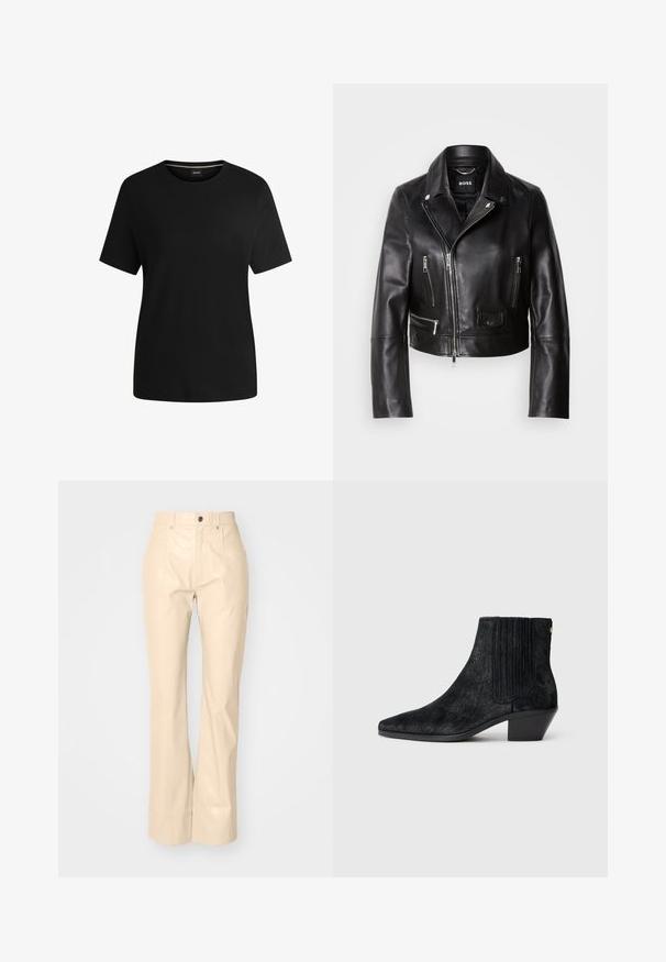 Schwarze Lederbikerjacke mit Kragen, Reißverschluss vorne und mehreren Taschen. Stylisches, modernes Design, das sich für die Freizeit eignet.; Schwarzes kurzärmliges T-Shirt aus weichem Baumwollstoff mit Rundhalsausschnitt und glatter Textur. Einfaches Design ohne Muster oder Akzente.; Beige Fake-Leder Schlaghosen mit glatter Textur, ausgestattet mit Vordertaschen, einem Knopfverschluss und einem dezenten, glänzenden Finish.; Schwarze Knöchelstiefel mit spitzem Zehen, strukturiertem haarähnlichem Material, geripptem Seitenpaneel und niedrigem Blockabsatz. Schlichtes und modernes Design.