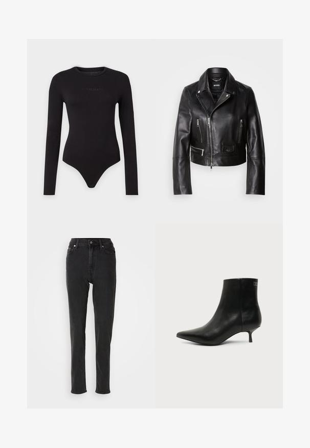 Zwarte leren motorjack met een kraag, ritssluitingen aan de voorkant en meerdere zakken. Stijlvol, modern ontwerp dat geschikt is voor casual draag.; Zwarte lange mouwen bodysuit van zacht materiaal, met een ronde hals en een tekstuur op de voorkant met het "Guess Jeans" logo.; Zwarte, high-waisted denim jeans met een slanke pasvorm, voorzien van een knoopsluiting, riemlussen en contrasterende stiknaden. Gladde textuur, zonder zichtbare patronen.; Zwart leren enkellaars met puntige neus en lage kittenhak op lichte achtergrond, zijaanzicht buitenkant.