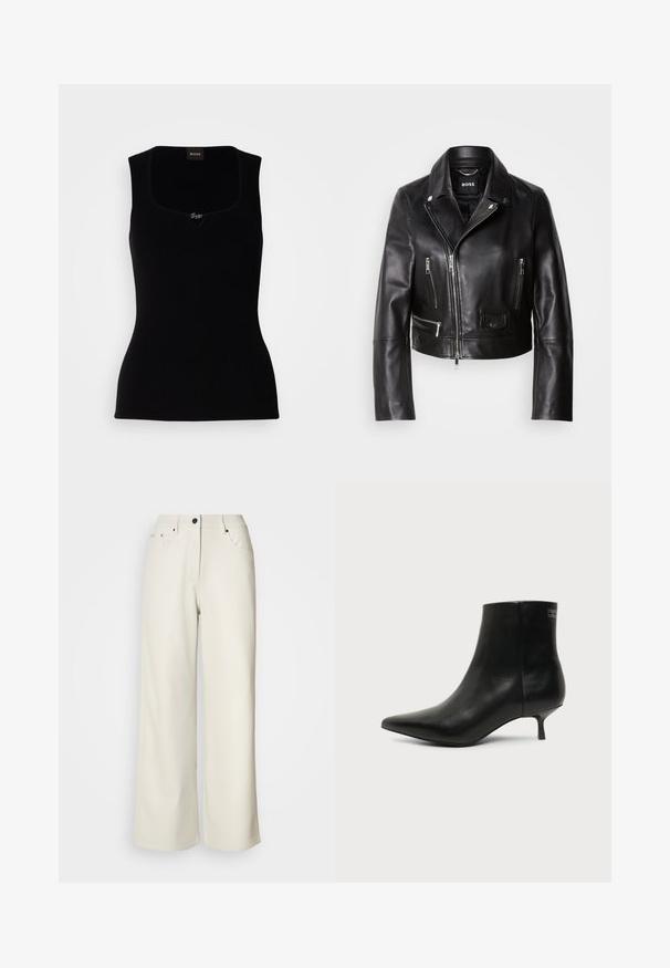 Schwarze Lederbikerjacke mit Kragen, Reißverschluss vorne und mehreren Taschen. Stylisches, modernes Design, das sich für die Freizeit eignet.; Schwarzes geripptes Tanktop mit quadratischem Ausschnitt, versehen mit einem kleinen Logo-Akzent in der Mitte. Hergestellt aus einem weichen, strukturierten Material.; Cremefarbene weit geschnittene Hose aus glattem Stoff. Sie hat eine mittlere Leibhöhe, einen Reißverschluss und zwei vordere Taschen mit schwarzen Hardware-Elementen.; Schwarzer Leder-Knöchel-Stiefel mit spitzer Spitze und niedrigem Kittenabsatz vor hellem Hintergrund, seitliche Ansicht.