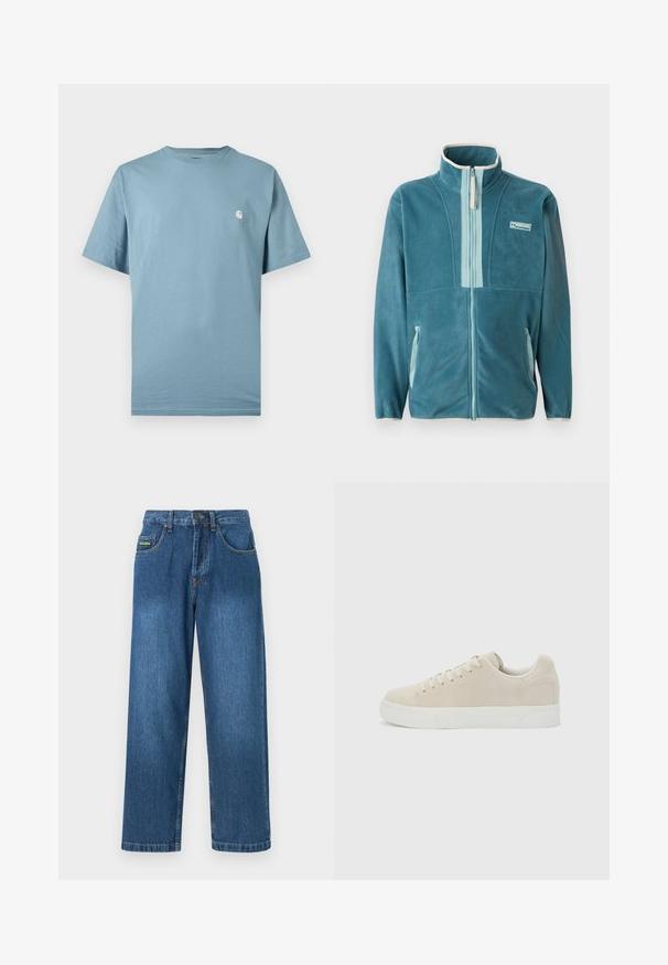 Teal volledige rits fleece jack met opstaande kraag, lichtblauwe ritsvoering, zijzakken en Columbia-logo op de borst.; Lichtblauw T-shirt met korte mouwen en ronde hals, met een klein wit logo op de linkerborst, weergegeven tegen een effen achtergrond.; Denim jeans in een middelblauwe wassing, met een rechte pijpontwerp, vijf zakken en gele stiksels accentueringen.; Beige lage sneaker met veters aan de voorkant en dikke witte rubberen zool op een effen lichtgrijze achtergrond.