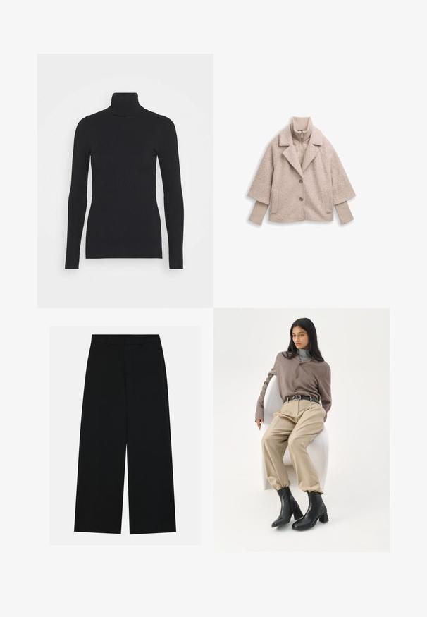 Veste surdimensionnée beige clair avec une texture duveteuse, revers en dent de chien, deux boutons et un col côtelé. Elle présente une couche intérieure matelassée.; Pull noir à col roulé côtelé, doté de longues manches et d'une silhouette près du corps. La texture est lisse avec un motif de côtes horizontal.; Pantalons noirs à jambe large en tissu lisse. Dotés d'une taille plate avec passants de ceinture et sans poches visibles. Design simple.; Femme aux longs cheveux noirs appuyée sur une chaise blanche courbée, portant un chemisier taupe, un pantalon beige, une ceinture noire et des bottines noires à talons.