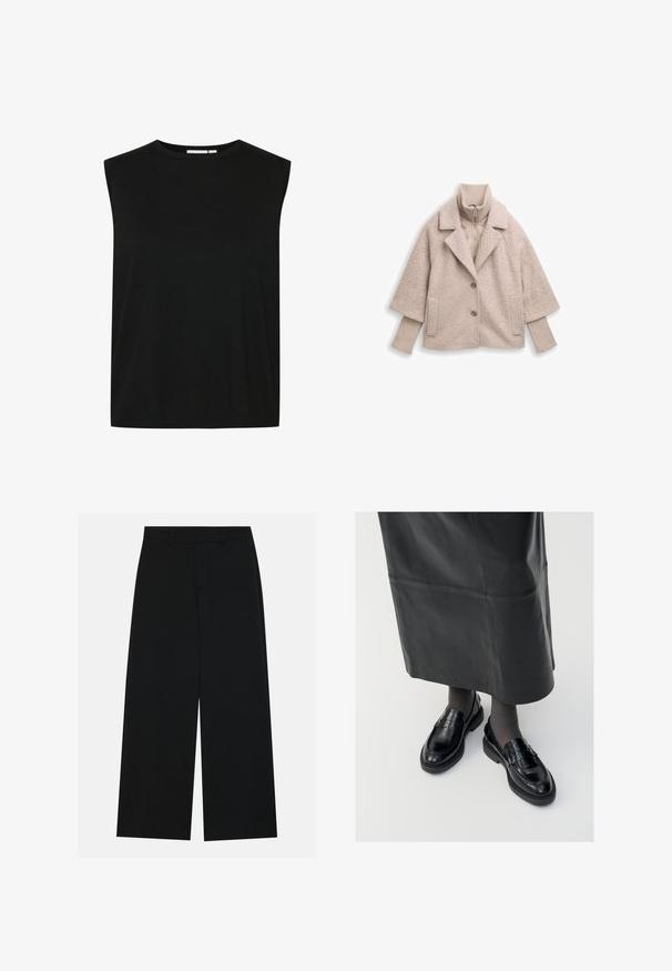 Hellbeige oversized Jacke mit flauschiger Textur, Reverskragen, zwei Knöpfen und geripptem Kragen. Mit einer gesteppten Innenlage.; Schwarzes ärmelloses Oberteil mit rundem Halsausschnitt, aus einem gerippten Stoff gefertigt, mit lockerer Passform und geradem Saum, entworfen für Komfort.; Schwarzweite Hosen mit weitem Bein aus glattem Stoff. Besitzt einen flachen Bund mit Gürtelschlaufen und ohne sichtbare Taschen. Schlichtes Design.; Schwarze Lederloafers mit glatter Oberfläche, verziert mit einem dekorativen Riemen, runder Zehenpartie und texturierten Sohlen. Getragen mit einem langen schwarzen Lederrock.
