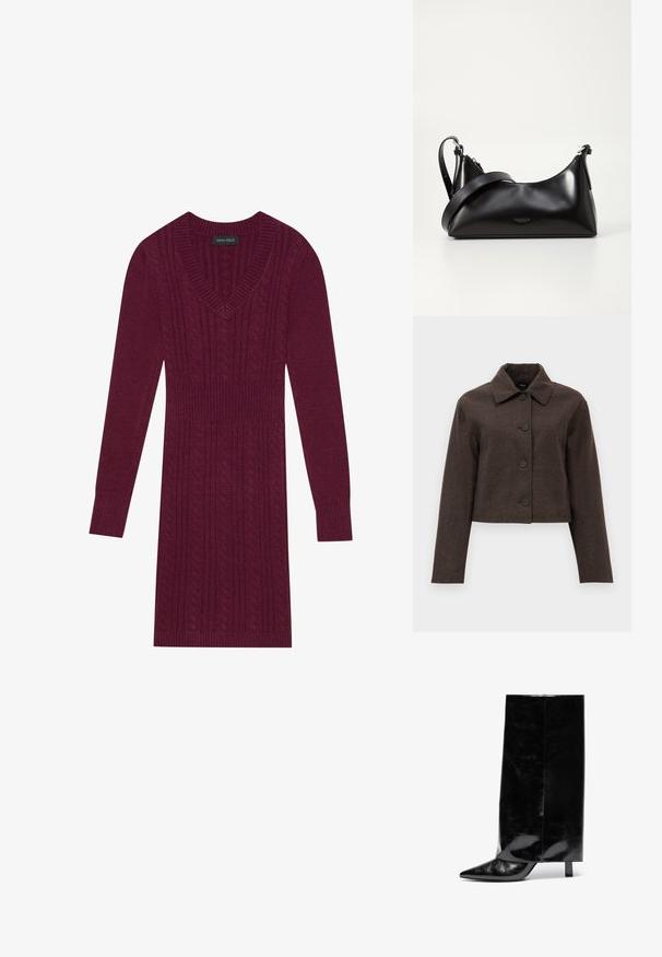 Veste cropped marron en tissu texturé, avec un col pointu et cinq boutons noirs le long du devant. Manches longues pour un complément de couverture.; Robe tricotée bordeaux avec un décolleté en V, des manches longues, des manches côtelées et un motif en maille torsadée sur l'ensemble. Conception à taille cintrée.; Botte chelsea en cuir noir avec un bout pointu et un talon bloc, présentant un tige haute et brillante ainsi qu'une finition texturée sur la partie inférieure.; Sac à main en cuir noir avec une texture lisse. Dispose d'une bandoulière adjustable et d'un design élégant et minimaliste avec une fermeture éclair.