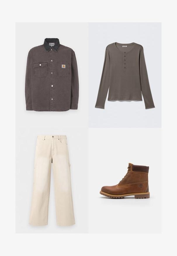 Chemise à manches longues en coton gris foncé avec un col en denim noir. Comprend deux poches poitrine et des boutons-pression argentés. Logo Carhartt sur la poche.; Chemise henley grise à manches longues avec cinq boutons et encolure ronde, présentée sur un fond blanc uni.; Pantalon beige à jambes larges avec poches avant, fermeture par boutons et passants de ceinture, présenté sur un fond blanc uni.; Botte de randonnée en cuir marron avec une finition lisse, cheville rembourrée, œillets en métal et semelle en caoutchouc dotée d'un motif de crampons robuste.