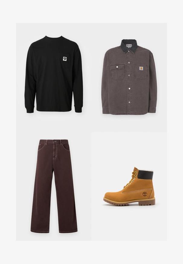Tričko s dlhým rukávom z tmavosivej bavlny s čiernym denimovým golierom. Má dve vrecká na hrudi a strieborné patentky. Logo Carhartt na vrecku.; Čierne tričko s dlhým rukávom vyrobené z bavlny, s okrúhlym výstrihom a náprsním vreckom s logom srdca a textom.; Vysoký pás, široké nohavice tmavohnedej farby s predným zapínaním na gombíky a zipsom, bočnými vreckami a viditeľnými stehmi na bielom pozadí.; Hnedé kožené ankle boot s kovovými očkami, bielym kožúškom vo vnútri, čiernym vypolstrovaným golierom, robustnou podrážkou a vyrazeným logom na boku.