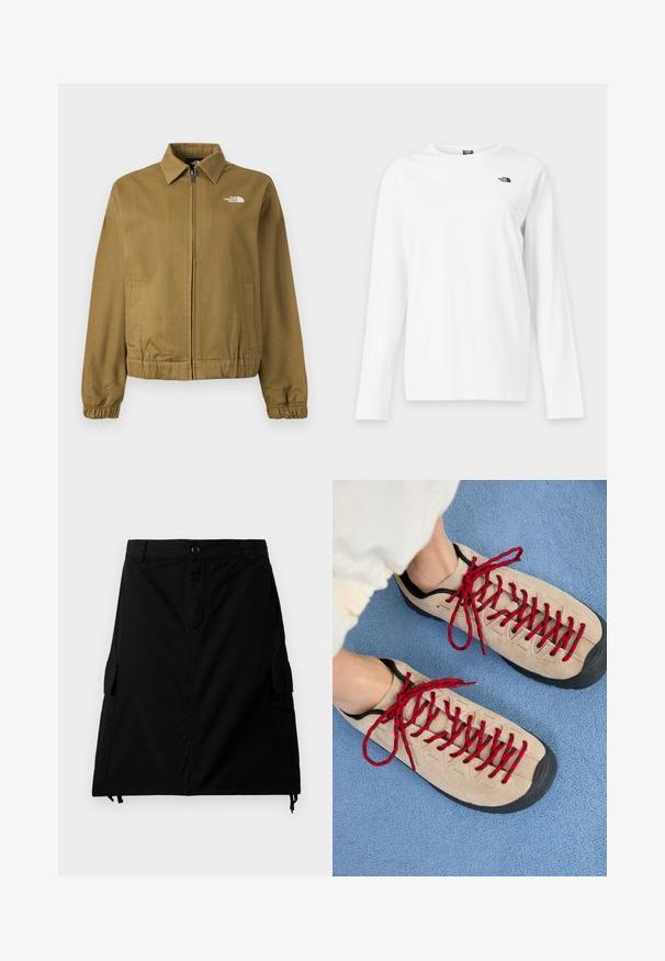 Brun lynlåstrøje med krave, elastiske manchetter, to sidelommer og hvidt The North Face-logo på brystet.; Hvid langærmet T-shirt med rund hals og lille sort The North Face-logo på venstre bryst.; Sort cargo-nederdel lavet af bomuldsblandingsstof med lige snit, med sidelommer, forreste knaplukning og justerbar snor i kanten.; Beige sko med røde snørebånd, placeret på en blå tekstureret overflade, delvist synliggørende en persons ankel. Skoene har et sporty design.
