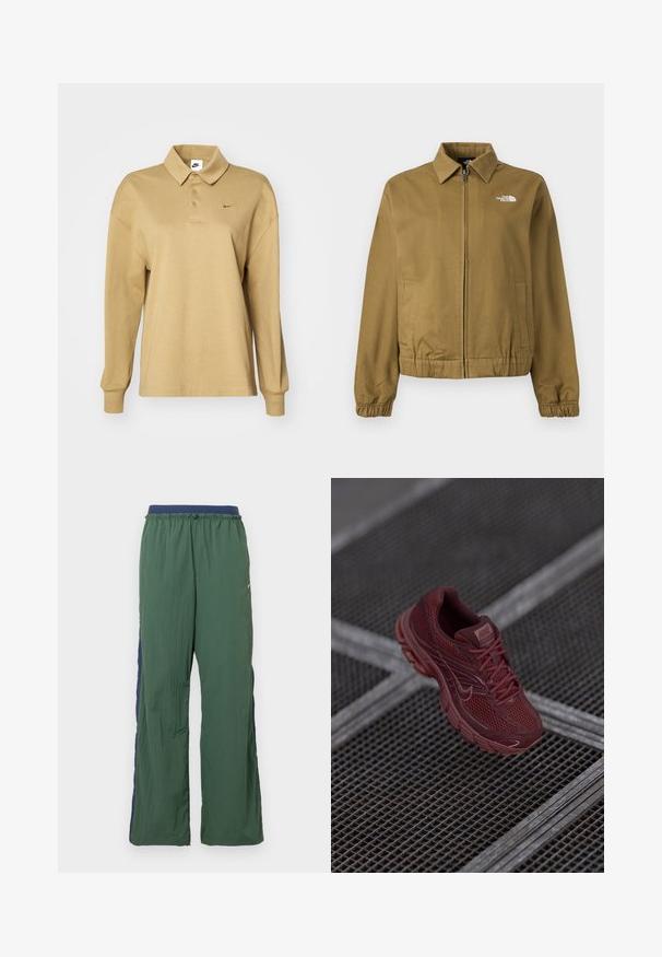 Chaqueta marrón con cremallera y cuello, puños elásticos, dos bolsillos laterales y el logo blanco de The North Face en el pecho.; Polo de manga larga beige hecho de algodón, con cuello tipo polo, tres botones y un discreto logotipo de Nike en negro.; Pantalones deportivos verdes con diseño de pierna ancha, con una cintura y un panel lateral en azul marino, hechos de tela ligera y texturizada.; Zapatilla de running roja de Nike con parte superior de malla, detalles texturizados, cuello acolchado y suela gruesa, posicionada sobre una superficie enrejada.