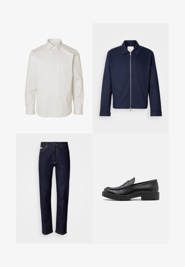 Marineblå jakke lavet af glat stof, med lynlås, spids krave og lange ærmer. Minimalistisk design uden synlige mønstre.; Hvid skjorte med lange ærmer med beige lodrette striber, knapper foran, spids krave og manchetter med knapper.; Mørkeblå denimjeans med lige ben, lukning med øverste knap, fem-lommes design, kontrastsyninger og en glat tekstur.; Sorte læder loafers med rund tå, slip-on design og tyk gummisål med tekstureret greb. Forhøjet hæl og subtile syninger.