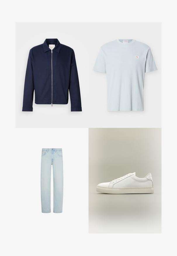 Chaqueta azul marino hecha de tela suave, con cierre de cremallera, cuello puntiagudo y mangas largas. Diseño minimalista sin patrones visibles.; Camiseta de manga corta de punto waffle azul claro con cuello redondo y pequeño parche con el logo "CK" en rojo y blanco en el lado izquierdo del pecho.; Vaqueros de mezclilla azul claro con corte recto, cierre frontal con botón y cremallera, trabillas para cinturón y bolsillos delanteros.; Zapatilla blanca de perfil bajo con cordones en la parte delantera y suela gruesa, mostrada de lado sobre un fondo neutro.