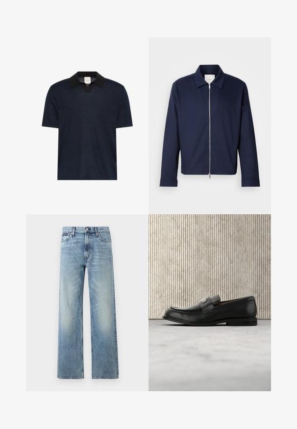 Veste bleu marine en tissu lisse, dotée d'une fermeture éclair, d'un col pointu et de manches longues. Design minimaliste sans motifs apparents.; Polo bleu marine à manches courtes avec un col noir et une encolure en V.; Jean droit en denim bleu clair avec taille haute, cinq poches, fermeture à boutons et léger délavage sur les cuisses et les genoux.; Mocassin en cuir noir avec une plaque de marque en métal reposant près d'une table ronde marron sur un sol recouvert de moquette beige.