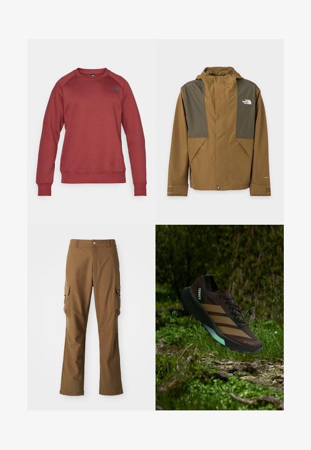 Veste d'extérieur marron et vert olive avec capuche, poches avant, poignets réglables et logo The North Face sur la poitrine.; Pull rouge à col rond, avec de longues manches raglan, des poignets et un ourlet côtelés, ornés d'un logo noir sur le côté gauche. Tissu doux et texturé.; Pantalon cargo marron à coupe droite, avec deux poches latérales et une fermeture éclair. Fabriqué en tissu texturé avec une finition lisse.; Chaussure de trail running Adidas Terrex marron et noire avec Gore-Tex, flottant au-dessus d’un sol forestier avec de l’herbe et de petits cailloux.