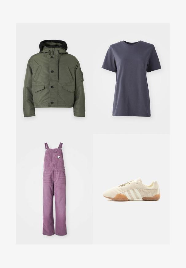 Grøn polstret jakke med hætte, der har sort fleecefor, flere frontlommer og frontlukning med knapper. Blød, glat tekstur.; Kortærmet t-shirt i mørkegrå bomuld, rund hals, glat tekstur, lige kant, ingen synlige mønstre eller hardware-detaljer.; Lilla denim overalls med justerbare stropper, forlommer og vide ben. Materialet har en let tekstur; hardware med sølvfarvede metalclips.; Lavprofileret beige sneaker med tre hvide striber, teksturerede ruskindssidepaneler, gummisål og snørelukning på ensfarvet baggrund.