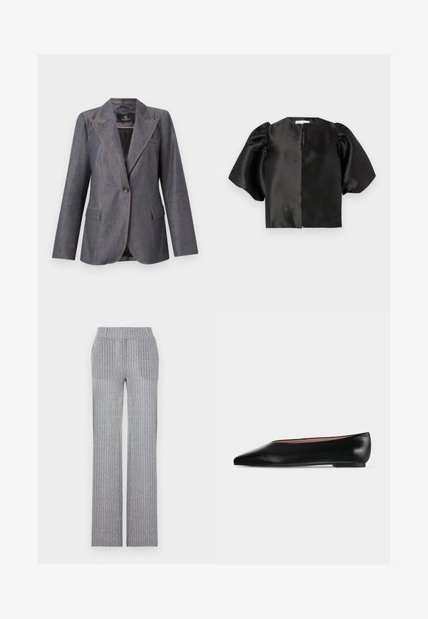 Blazer gris de un solo botón con solapas de muesca, dos bolsillos frontales con solapa y costuras naranjas contrastantes, mostrado sobre un fondo neutro.; Top corto de satén negro con mangas cortas abullonadas y abertura frontal. Textura suave con un acabado brillante, diseño minimalista.; Pantalones de punto gris con textura acanalada, cintura ajustada y pierna acampanada. Presentan un brillo sutil y rayas verticales para dar textura.; Zapato plano negro de cuero para mujer con punta puntiaguda y tacón bajo, mostrado de lado sobre un fondo liso gris claro.