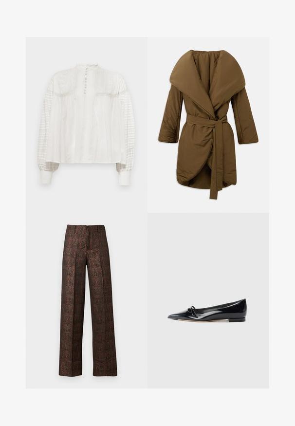 Manteau marron avec un grand col, taille ceinturée et manches volumineuses, fabriqué en tissu lisse et rembourré. Texturé avec un léger éclat.; Blouse blanche à col montant, fermeture à boutons, devant texturé et manches bouffantes avec tissu plissé et poignets élastiques.; Pantalons à jambes larges en riche tissu bordeaux à motifs dorés, présentant des designs complexes et une texture lisse. Taille élastique pour plus de confort.; Chaussure plate en cuir verni noir avec un bout pointu, une petite lanière décorative et un petit talon carré. Texture lisse et design épuré.