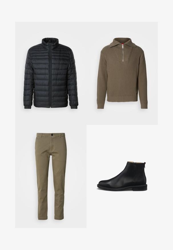 Doudoune noire matelassée avec col montant, fermeture éclair sur toute la longueur à l'avant et poignets élastiques sur les manches longues, sur fond uni.; Pull en maille marron avec un zip moitié et un col large. Présente un tissu texturé et une coupe légèrement raccourcie. Design simpliste.; Pantalons en coton vert olive avec une coupe droite, dotés d'une fermeture à bouton à l'avant et de deux poches sur les côtés. Texture lisse et minimalisme dans les détails.; Bottine en cuir noir avec fermeture éclair latérale, tige lisse, petit talon carré et languette à l'arrière, vue de profil sur fond blanc.