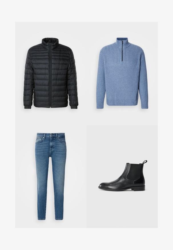 Schwarze gesteppte Pufferjacke mit Stehkragen, durchgehendem Reißverschluss und elastischen Manschetten an langen Ärmeln vor einem schlichten Hintergrund.; Hellblau gestrickter Pullover mit Rippenstruktur, Stehkragen und teilweisem Reißverschluss am Hals; verfügt über lange Ärmel und einen geraden Saum.; Helle blaue Denim-Jeans mit geradem Schnitt, traditionellem Fünf-Taschen-Design, Metallknopfverschluss und dezentem Verblassen an der Vorderseite.; Schwarze Leder-Stiefelette mit elastischen Seiteneinsätzen, abgerundeter Zehenpartie und einem Zugschlauf. Glatte Textur, flache Sohle, minimalistisches Design.