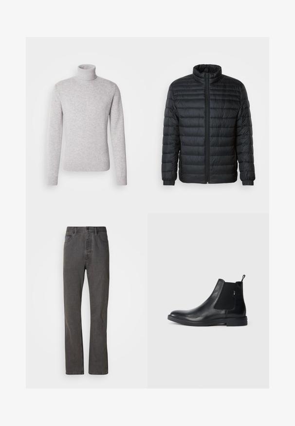 Chaqueta puffer acolchada negra con collar alto, cremallera frontal completa y puños elásticos en las mangas largas sobre un fondo liso.; Jersey de cuello alto de color gris claro hecho de un suave tejido de punto. Presenta un cuello y puños acanalados. Forma clásica y ajustada con mangas largas.; Vaqueros de mezclilla gris con un diseño de pierna recta, que cuentan con bolsillos frontales, un cierre de botón y una textura sutil.; Botines Chelsea de cuero negro con paneles elásticos laterales, una pestaña para tirar y una suela de goma plana. Textura suave con un detalle mínimo.