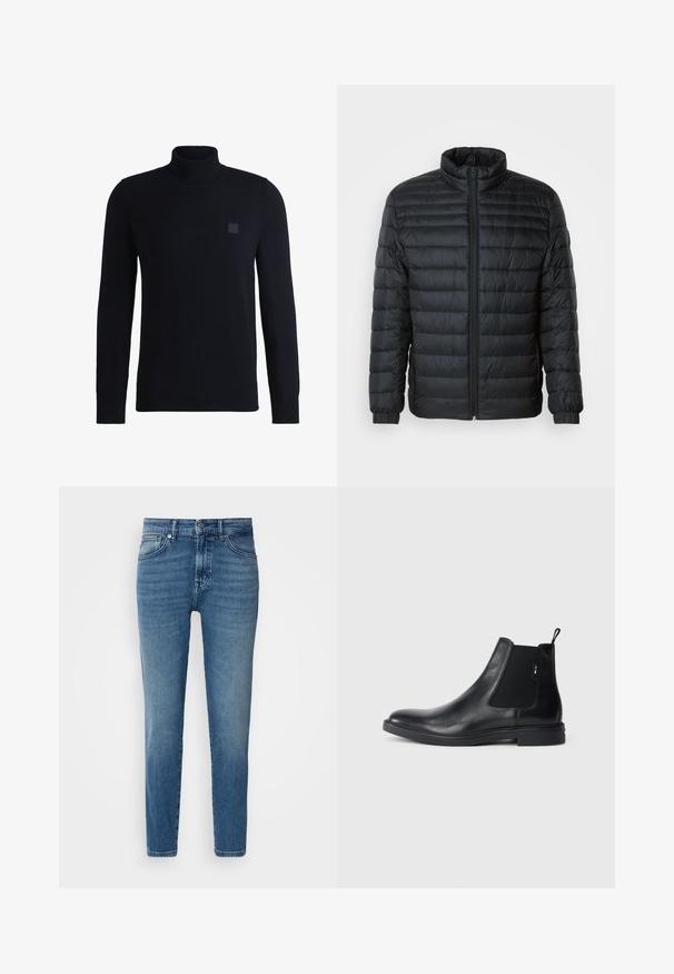 Schwarze gesteppte Pufferjacke mit Stehkragen, durchgehendem Reißverschluss und elastischen Manschetten an langen Ärmeln vor einem schlichten Hintergrund.; Marineblauer Rollkragenpullover aus weichem Strickmaterial, mit langen Ärmeln und einem gerippten Kragen. Enthält ein quadratisches Logo-Patch auf der Brust.; Helle blaue Denim-Jeans mit geradem Schnitt, traditionellem Fünf-Taschen-Design, Metallknopfverschluss und dezentem Verblassen an der Vorderseite.; Schwarze Leder Chelsea-Boots mit elastischen seitlichen Einsätzen, einer Zugschlaufe und einer flachen Gummisohle. Glatte Textur mit minimaler Ausgestaltung.