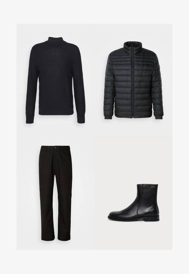 Sort quilted pufferjakke med høj krave, hel frontlynlås og elastiske manchetter på lange ærmer mod en ensfarvet baggrund.; Sort turtleneck sweater lavet af letvævet materiale, med lange ærmer og ribbede manchetter og bund. Subtil tonal branding på brystet.; Sorte bomuldsbukser med lige pasform, bæltestropper, lynlås foran og en enkelt knappelukning. Glat tekstur uden synlige mønstre.; Sort læderankelstøvle med lav hæl, sidesyning og lille "HUGO" logo på den øverste manchet mod en ensfarvet baggrund.