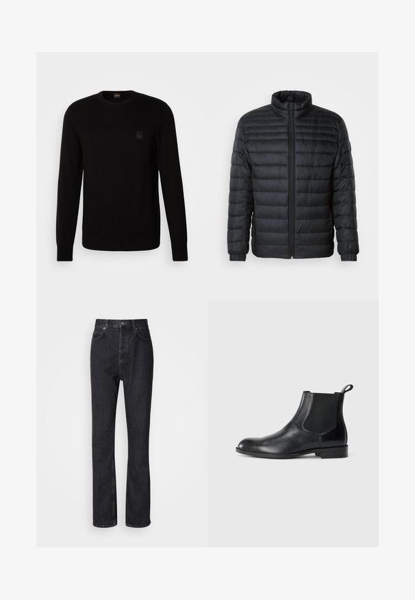 Schwarze gesteppte Pufferjacke mit Stehkragen, durchgehendem Reißverschluss und elastischen Manschetten an langen Ärmeln vor einem schlichten Hintergrund.; Schwarzer Strickpullover mit langen Ärmeln, Rundhalskragen und einem kleinen strukturierten Logo-Patch auf der Brust. Glatte Textur über die gesamte Fläche.; Hochtaillierte schwarze Jeans aus Denim mit Knopf- und Reißverschluss, Vorder- und Hintertaschen sowie einer geraden Passform.; Schwarze Leder-Stiefelette mit elastischen Seiteneinsätzen, abgerundeter Zehenpartie und einem Zugschlauf. Glatte Textur, flache Sohle, minimalistisches Design.