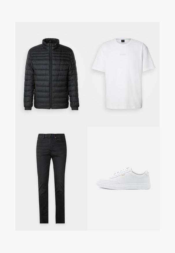Doudoune noire matelassée avec col montant, fermeture éclair sur toute la longueur à l'avant et poignets élastiques sur les manches longues, sur fond uni.; T-shirt en coton blanc à manches courtes, col rond, avec un logo « BOSS » en relief sur la poitrine. Texture lisse, coupe standard.; Jean denim noir slim fit avec poches avant, passants de ceinture et fermeture boutonnée, présenté sur un fond clair uni.; Baskets blanches en cuir avec une texture lisse, bout rond et coutures tonales. Possède des lacets bleus et un logo doré sur le côté.