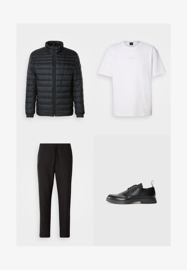 Doudoune noire matelassée avec col montant, fermeture éclair sur toute la longueur à l'avant et poignets élastiques sur les manches longues, sur fond uni.; T-shirt en coton blanc à manches courtes, col rond, avec un logo « BOSS » en relief sur la poitrine. Texture lisse, coupe standard.; Pantalons de jogging noirs en tissu lisse. Dotés d'une taille élastique avec cordon de serrage, jambes fuselées, et sans poches visibles. Design simple.; Chaussure noire en cuir à lacets avec une finition lisse, un bout rond et un design minimaliste. Comprend un tirant contrastant subtil et une semelle en caoutchouc.