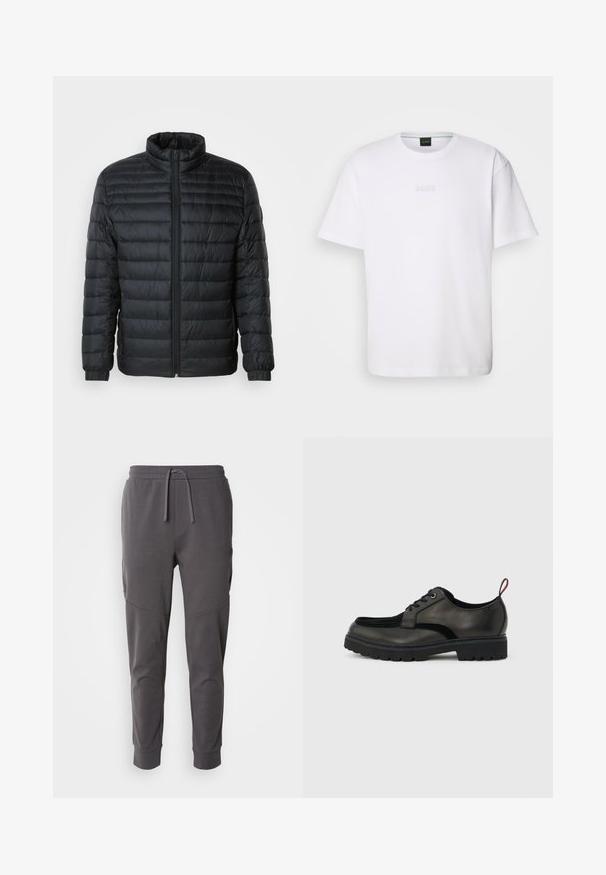 Doudoune noire matelassée avec col montant, fermeture éclair sur toute la longueur à l'avant et poignets élastiques sur les manches longues, sur fond uni.; T-shirt en coton blanc à manches courtes, col rond, avec un logo « BOSS » en relief sur la poitrine. Texture lisse, coupe standard.; Pantalons de jogging gris en tissu doux avec taille élastique et cordon de serrage, dotés de poches latérales et d'un design effilé aux chevilles.; Chaussure noire en cuir à lacets avec semelle épaisse crantée et languette rouge à l'arrière, vue de profil sur un fond gris clair.