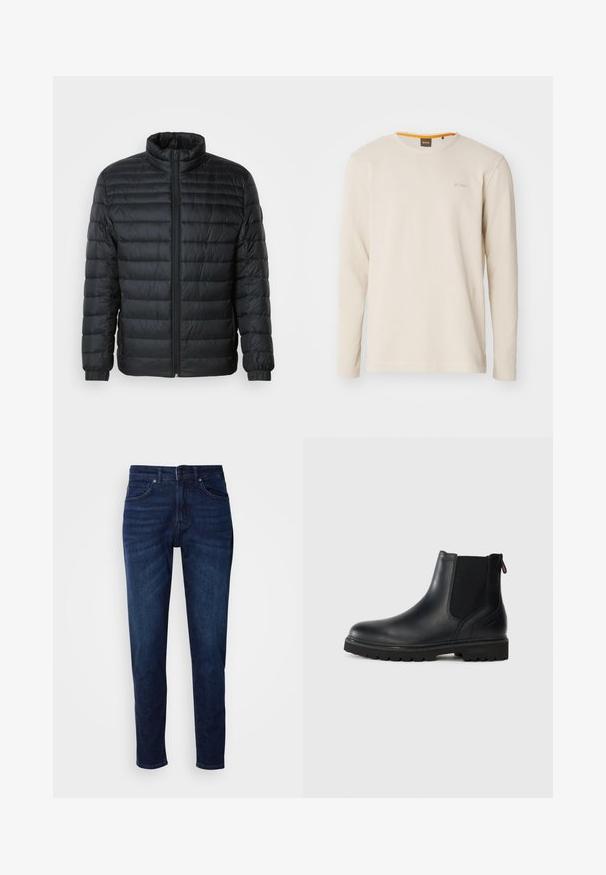 Schwarze gesteppte Pufferjacke mit Stehkragen, durchgehendem Reißverschluss und elastischen Manschetten an langen Ärmeln vor einem schlichten Hintergrund.; Helles beige Langarm-T-Shirt aus strukturiertem Stoff. Mit Rundhalsausschnitt und einem kleinen Logo auf der Brust, das einen orangefarbenen Akzent im Kragen aufweist.; Dunkelblaue Jeans aus Denim mit geradem Bein, ausgestattet mit Taschen und einem Knopfverschluss an der Taille. Weiche Textur, minimale Ausbleichungen.; Schwarze Leder-Stiefelette mit elastischen Seiteneinsätzen, runder Spitze und einer robusten Gummisohle mit tiefem Profil für optimalen Halt.