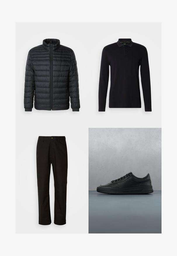 Schwarze gesteppte Pufferjacke mit Stehkragen, durchgehendem Reißverschluss und elastischen Manschetten an langen Ärmeln vor einem schlichten Hintergrund.; Schwarzes Langarm-Polohemd aus glattem Stoff. Verfügt über einen Kragen, eine Dreiknopfleiste und ein dezentes Logo auf der Brust.; Schwarze Baumwollhosen mit geradem Schnitt, Gürtelschlaufen, einem Reißverschluss vorne und einem einzelnen Knopfverschluss. Glatte Textur ohne sichtbare Muster.; Schwarze Sneaker mit glattem Lederobermaterial, runder Zehenpartie, flachen Schnürsenkeln, gepolstertem Kragen und minimalistischem Design. Gummisohle mit subtiler Profilierung.