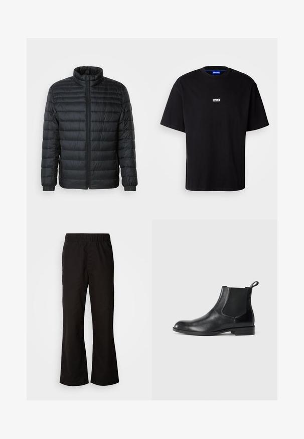 Sort quilted pufferjakke med høj krave, hel frontlynlås og elastiske manchetter på lange ærmer mod en ensfarvet baggrund.; Sort bomulds t-shirt med rund hals, korte ærmer og et hvidt rektangulært "HUGO" logo på brystet. Glat overflade, afslappet pasform.; Sorte bukser med elastisk talje og n tapered form, lavet af glat bomuldsstof. Har et enkelt design og lige benåbninger.; Sorte læder ankelstøvler med elastiske sidepaneler, rund tå og en trækloft. Glat tekstur, flad sål, minimalistisk design.