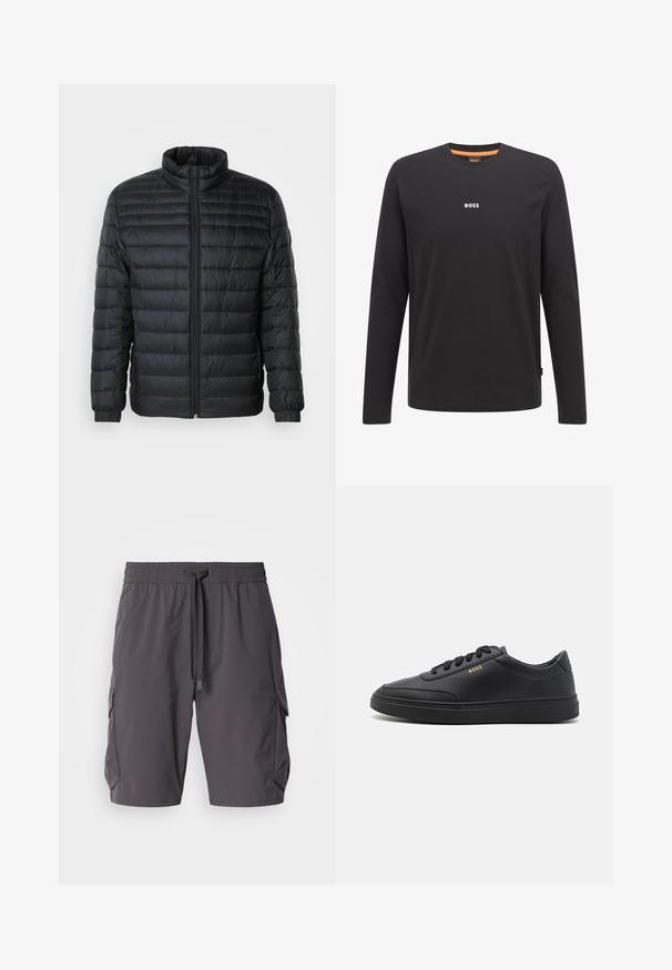 Schwarze gesteppte Pufferjacke mit Stehkragen, durchgehendem Reißverschluss und elastischen Manschetten an langen Ärmeln vor einem schlichten Hintergrund.; Schwarzes langärmliges T-Shirt aus Baumwolle. Mit einem Rundhalsausschnitt und einem kleinen weißen "BOSS"-Logo auf der Brust. Glatte Textur.; Graue Cargo-Shorts aus leichtem Stoff, mit einem Kordelzugbund, Seitentaschen und einem leicht lockeren Schnitt.; Schwarze Leder-Sneaker mit glatter Textur, runder Zehenpartie, flacher Gummisohle und einfarbigen Schnürsenkeln. Mit goldfarbenem "BOSS" Logo an der Seite.