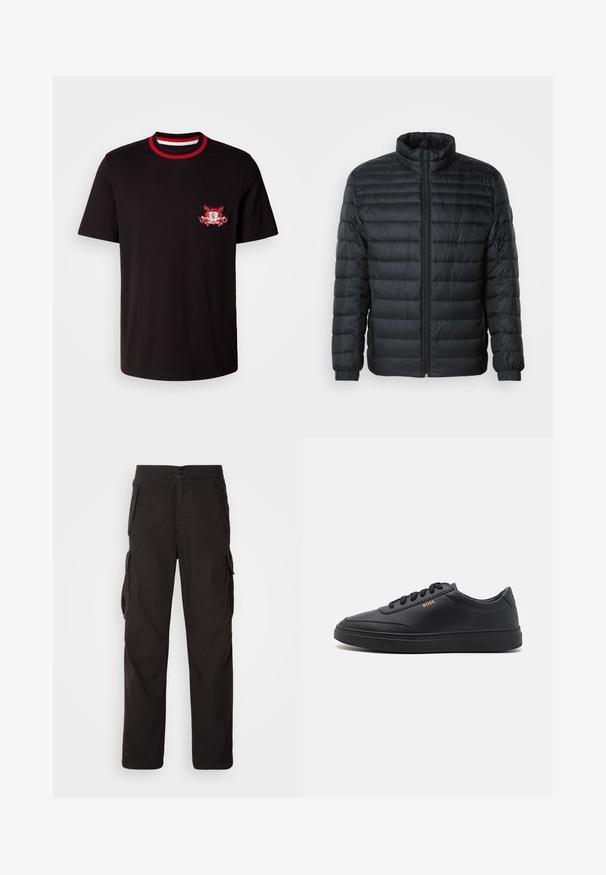 Sort quilted pufferjakke med høj krave, hel frontlynlås og elastiske manchetter på lange ærmer mod en ensfarvet baggrund.; Sort bomulds T-shirt med en rund rød og hvid ribbet krave. Den har et rødt og hvidt broderet logo på venstre bryst.; Sorte cargobukser med lige pasform, elastisk talje, flere sidelommer og et struktureret stof for holdbarhed.; Sorte lædersneakers med en glat overflade, rund tå, flad gummisål og tonede snørebånd. Udstyret med guld "BOSS" branding på siden.