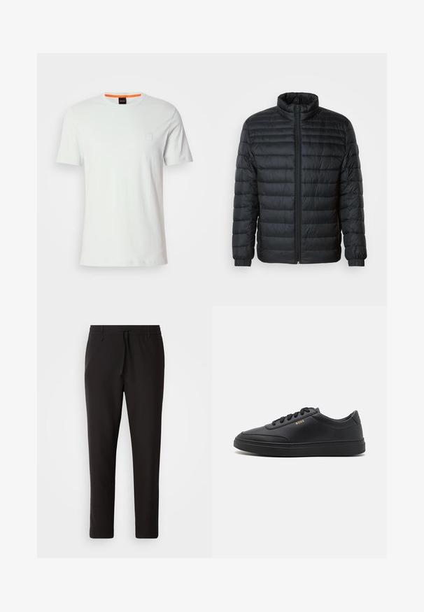 Doudoune noire matelassée avec col montant, fermeture éclair sur toute la longueur à l'avant et poignets élastiques sur les manches longues, sur fond uni.; T-shirt en coton blanc à manches courtes, col côtelé, patch logo sur la poitrine gauche en bleu clair, avec un accent orange à l'intérieur du col.; Pantalons de jogging noirs en tissu lisse. Dotés d'une taille élastique avec cordon de serrage, jambes fuselées, et sans poches visibles. Design simple.; Baskets en cuir noir avec une texture lisse, bout rond, semelle en caoutchouc plate et lacets ton sur ton. Présente une marque "BOSS" dorée sur le côté.