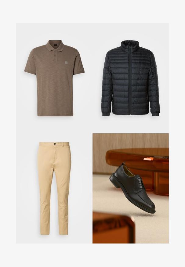 Doudoune noire matelassée avec col montant, fermeture éclair sur toute la longueur à l'avant et poignets élastiques sur les manches longues, sur fond uni.; Polo marron en tissu texturé, doté d'une patte de boutonnage à deux boutons et d'un discret écusson logo sur la poitrine gauche. Manches courtes incluses.; Chinos beiges en coton avec une texture lisse. Comprend une fermeture à bouton, des passants de ceinture et une taille fuselée vers la cheville.; Chaussure habillée noire en cuir à lacets avec devant texturé, flottant au-dessus d'un tapis beige dans une pièce moderne avec des meubles teintés d'ambre.